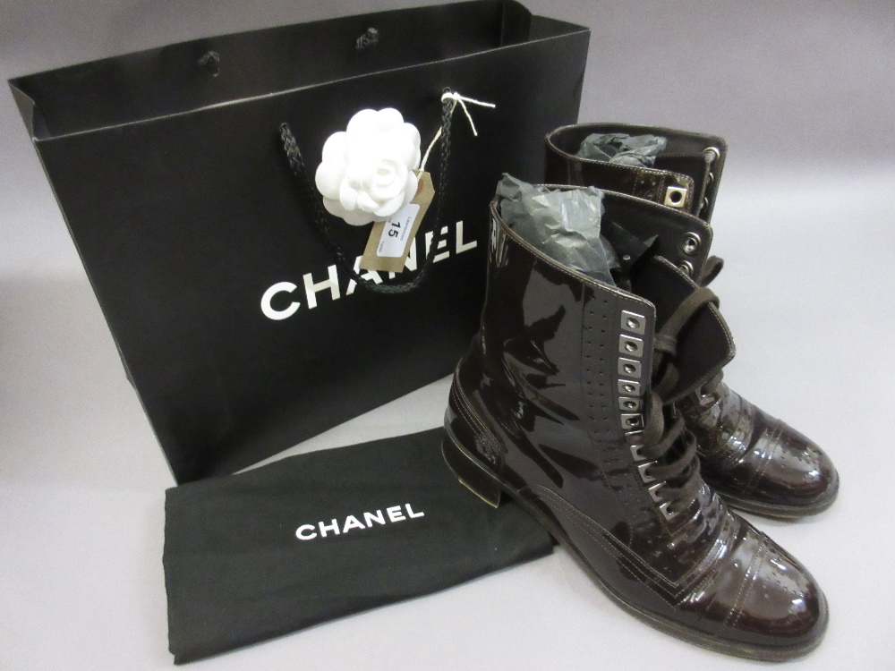 Pair of Chanel brown patent leather lace-up boots,