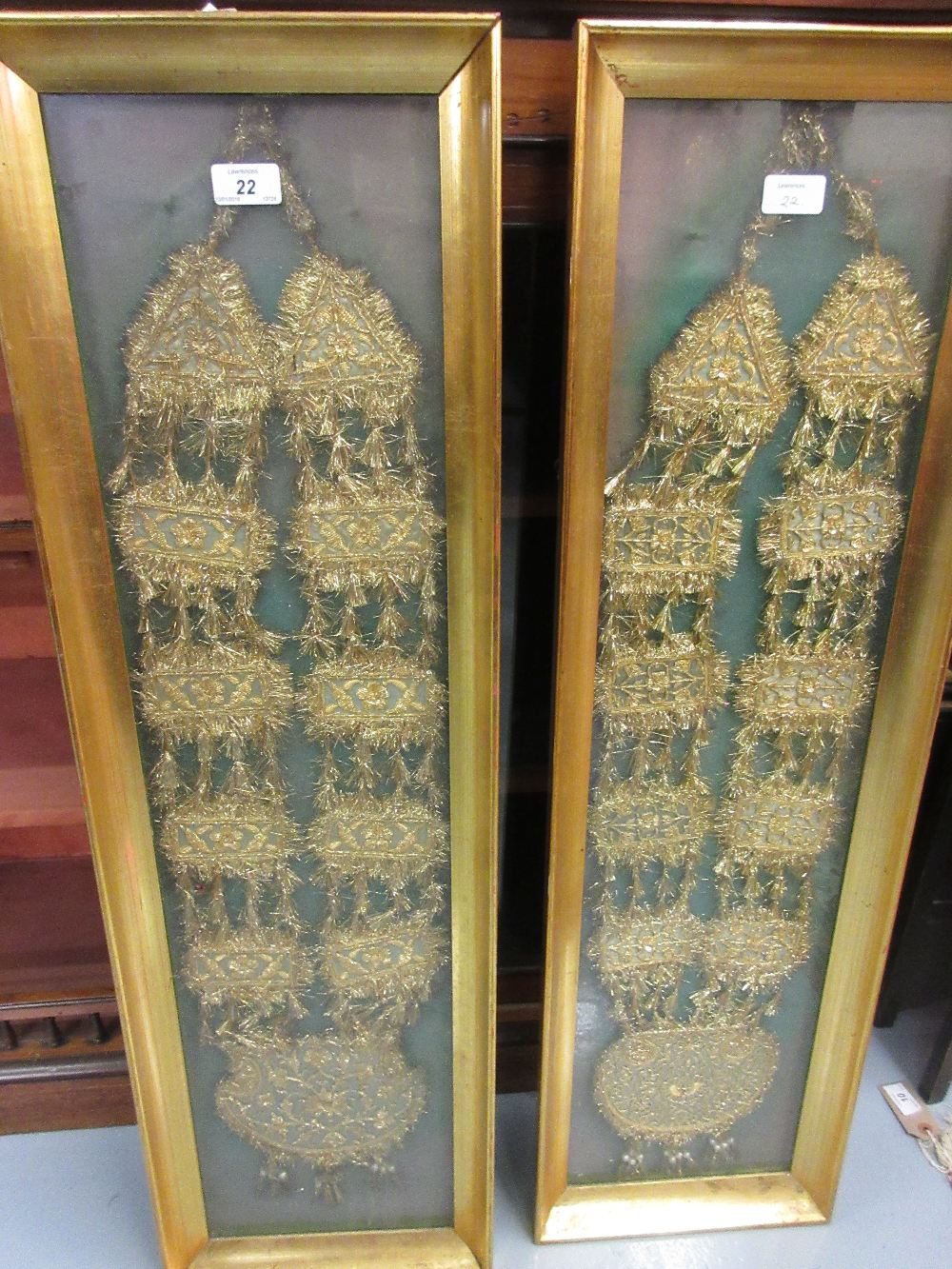 Pair of Middle Eastern framed gold tinsel and thread work wall hangings