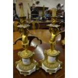 Pair of 19th Century ormolu and white marble figural candlesticks