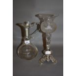 Silver plated and glass claret jug and a silver plated and cut glass single stem epergne (glass at