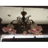Gilt brass five branch chandelier with opaque glass shades (one at fault)
