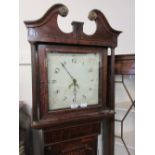 19th Century oak longcase clock having broken arch hood above a square plain white painted dial