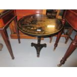 Late 19th or early 20th Century black chinoiserie lacquer pedestal occasional table on a turned