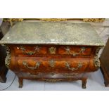 Late 19th Century French bombe shaped commode chest having green flecked marble top above two short