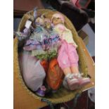 Basket containing a quantity of miscellaneous modern dolls etc