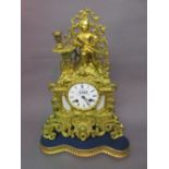19th Century French ormolu mantel clock, the shaped case with a figural and candlestick surmount,