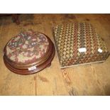 Victorian circular mahogany footstool with beaded top (at fault) together with a small square