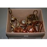 Copper swing handled kettle, copper and brass jug, Middle Eastern jug, pair of fire dogs,
