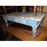 Rectangular blue painted pine two drawer coffee table