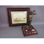 Coppered trophy of a golfer on mahogany plinth together with a small framed watercolour, by M.