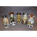 Group of five Wood and Sons replica Toby jugs