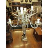 Venetian glass six branch two tier candelabra with gilt metal mounts and glass drops