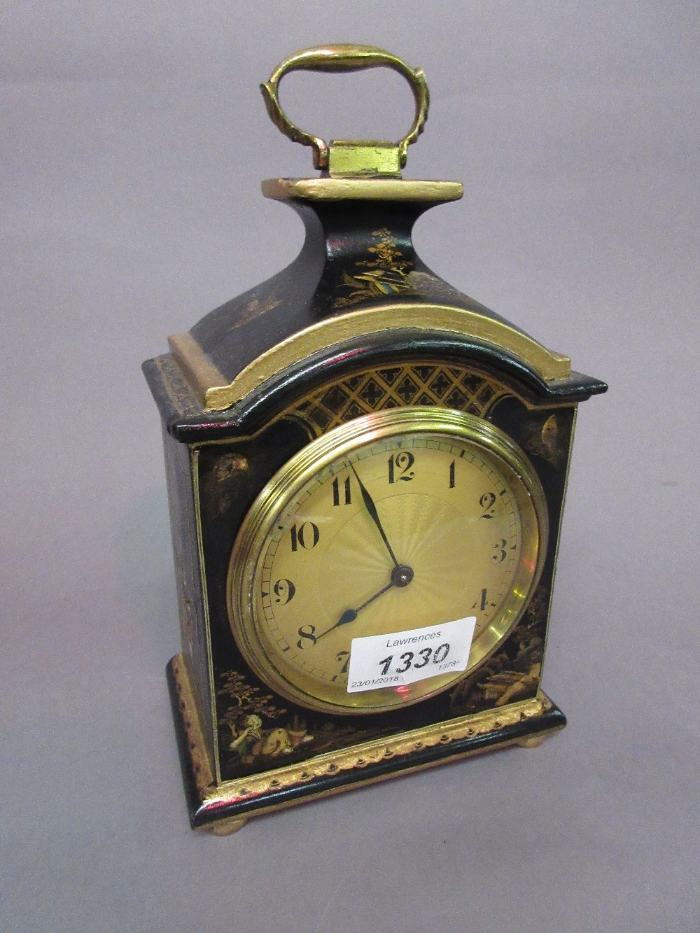 Small black chinoiserie lacquer mantel clock,