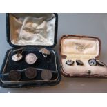 Cased pair of Art Deco 14ct white gold mounted onyx and seed pearl cufflinks together with a