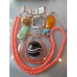 Small jade pendant, coral necklace, amber pendant,