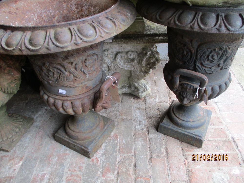 Pair of cast iron pedestal two handled garden urns on square bases, 8.