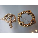 15ct Gold split pearl and diamond set bow brooch and a sapphire set rope twist brooch
