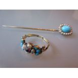 Victorian ruby seed pearl and turquoise set ring together with a turquoise and seed pearl stick pin