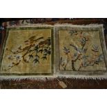 Pair of small Chinese woollen rugs with bird decoration