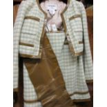 Chanel, ladies green and beige check two piece skirt suit with cummerbund,