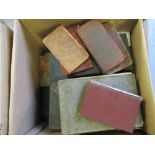 Two boxes containing a quantity of various antique leather bound and later books etc