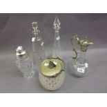 Etched glass claret jug with plated mounts, cut glass biscuit barrel with plated mounts,
