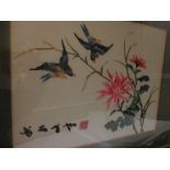 Pair of gilt framed Chinese silkwork embroidered pictures of birds in foliage with character marks,