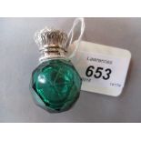 Green faceted ball shaped perfume bottle with stopper, an ornate white metal hinged lid, 2.