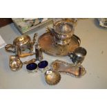 Silver plated spirit kettle on stand with burner, small oval plated galleried tray, chocolate pot,