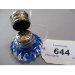 Royal blue vinaigrette with ornate white metal hinged lid enclosing a pierced inner grill,