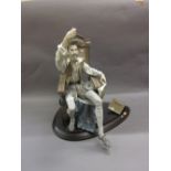 Large Lladro figure of a seated Don Quixote holding sword aloft (at fault - pieces of books