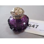 Amethyst vinaigrette with ornate white metal hinged lid enclosing a pierced grill,