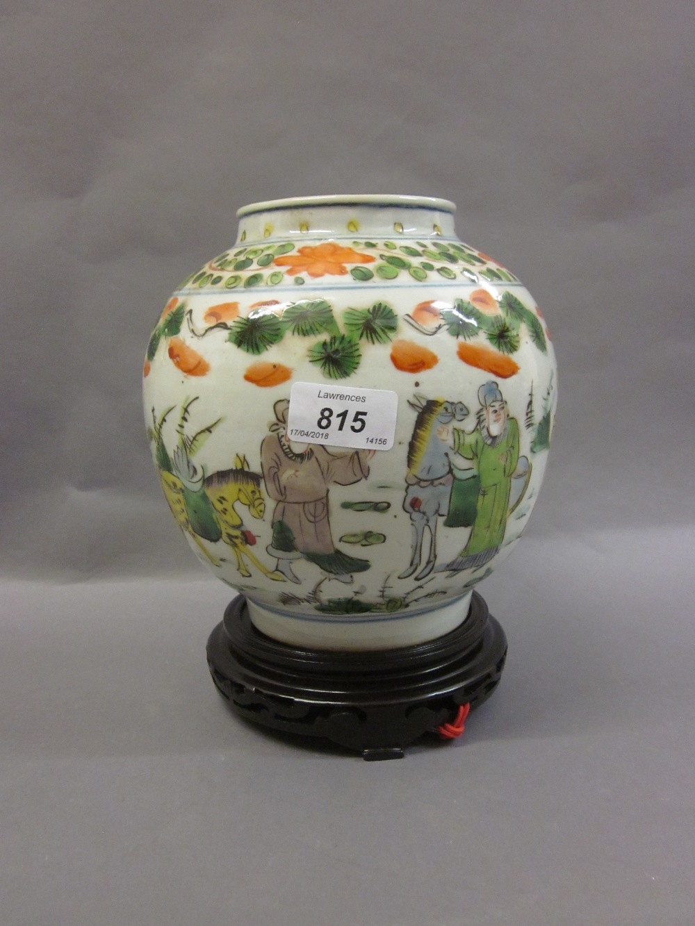 Chinese famille vert ginger jar decorated with figures and horses,