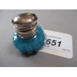 Opaque turquoise glass vinaigrette with plain hinged white metal lid enclosing a pierced inner