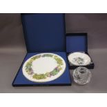 Two Royal Worcester boxed dishes, a boxed Caithness vase,