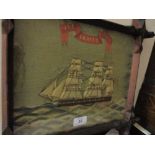 Early 19th Century sailors woolwork picture, three masted gun ship, inscribed ' Forget Me Not ',