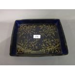 19th Century rectangular blue glass dish with gilded decoration