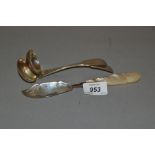 Pair of George III Edinburgh silver Fiddle pattern sauce ladles together with a George III silver