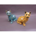 Pair of Faience pottery figures of seated cats in turquoise and gold,