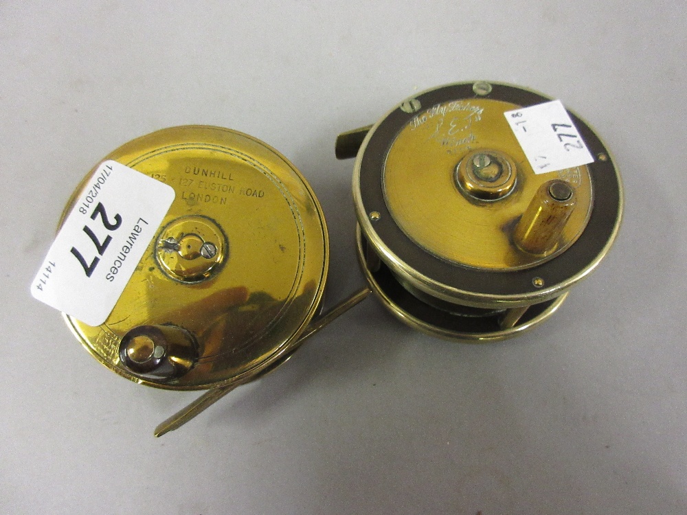 Small brass centre pin fishing reel by Dunhill, Euston Road, London,