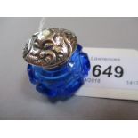 Blue glass vinaigrette with ornate white metal hinged lid enclosing a pierced thistle design grill,