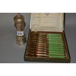 20th Century London silver pepper mill together with a cased set of gilt metal cake forks with