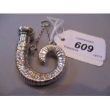 Unusual silver horn shaped scent bottle with attached chain, 2.