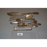 Pair of George III silver Fiddle pattern tablespoons, similar dessert spoon, a marrow scoop,