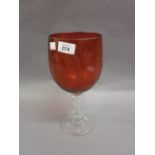 Large Victorian etched cranberry glass goblet on a clear glass stem decorated with a portrait of