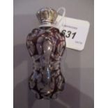 Amethyst overlay waisted perfume bottle with ornate white metal stopper, 8.