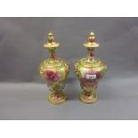 Pair of late 19th or early 20th Century pottery baluster form pedestal vases with covers decorated