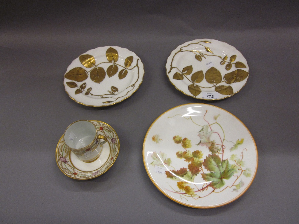 Pair of 19th Century Mintons cabinet plates with a gilded leaf decoration together with a Royal