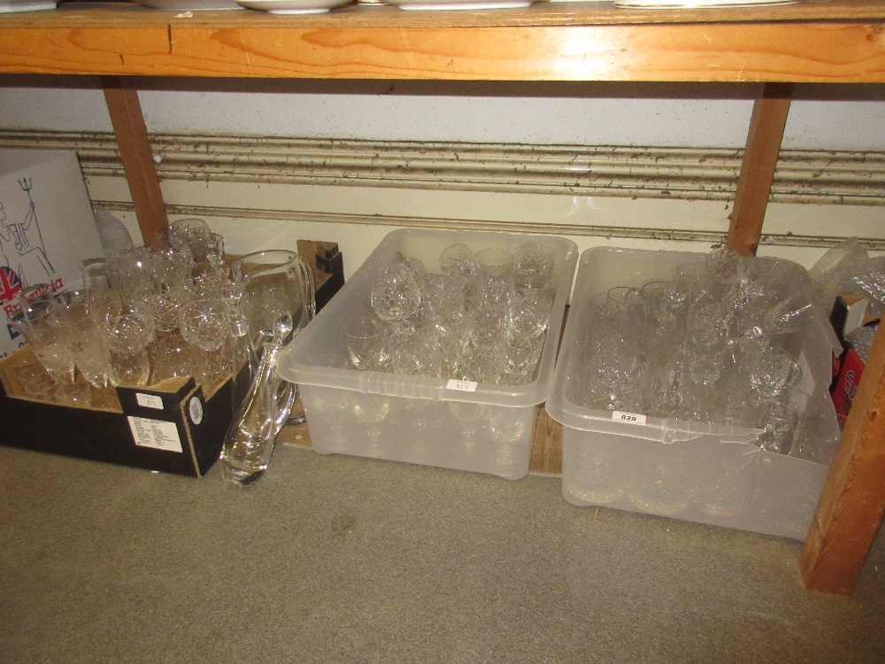 Three boxes containing a quantity of miscellaneous good quality cut glass drinking glasses