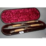 Four piece cased horn handled carving set together with a cased set of eight plated fish knives and
